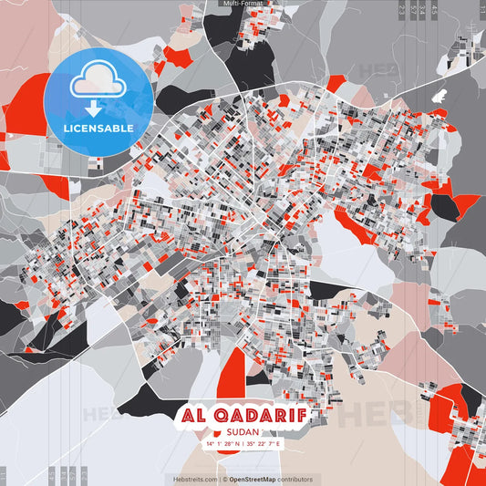 Al Qadarif, Sudan - modern street map poster template with gray and red tones