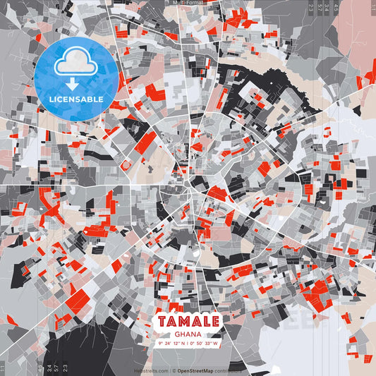 Tamale, Ghana - modern street map poster template with gray and red tones