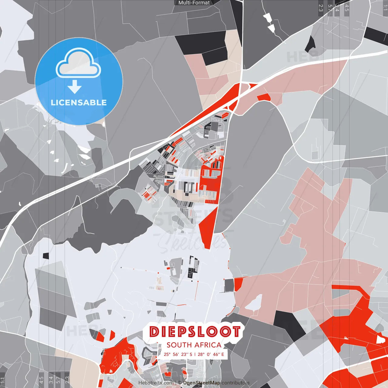 Diepsloot, South Africa - modern street map poster template with gray and red tones