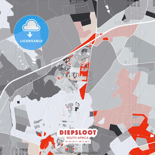 Diepsloot, South Africa - modern street map poster template with gray and red tones