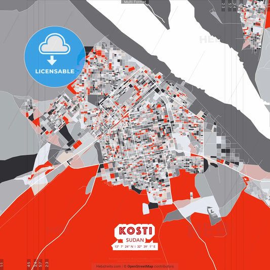 Kosti, Sudan - modern street map poster template with gray and red tones