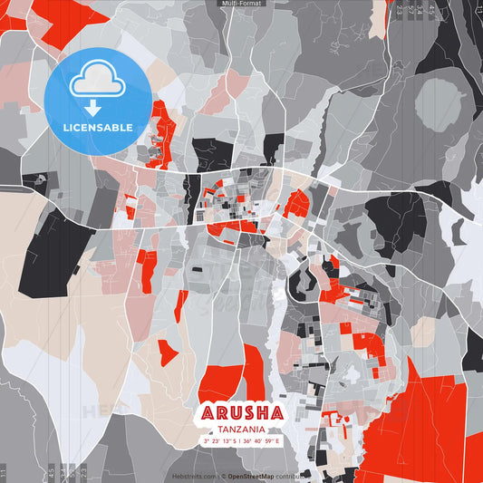 Arusha, Tanzania - modern street map poster template with gray and red tones