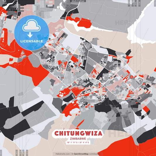 Chitungwiza, Zimbabwe - modern street map poster template with gray and red tones