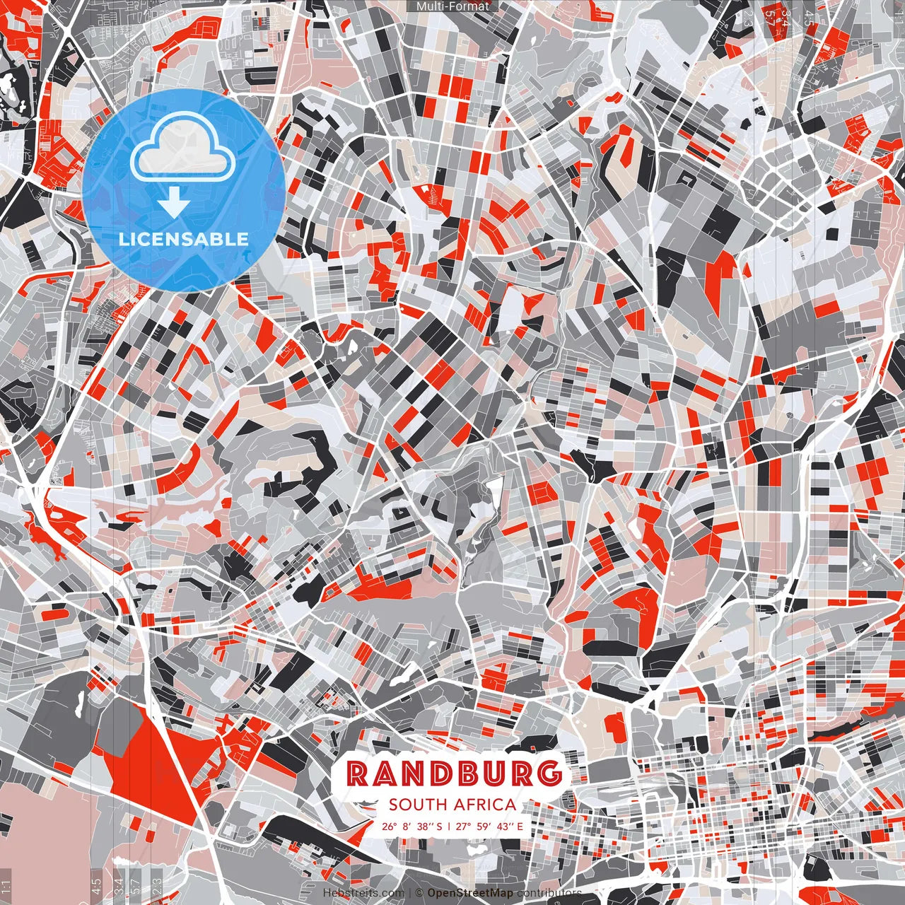 Randburg, South Africa - modern street map poster template with gray and red tones