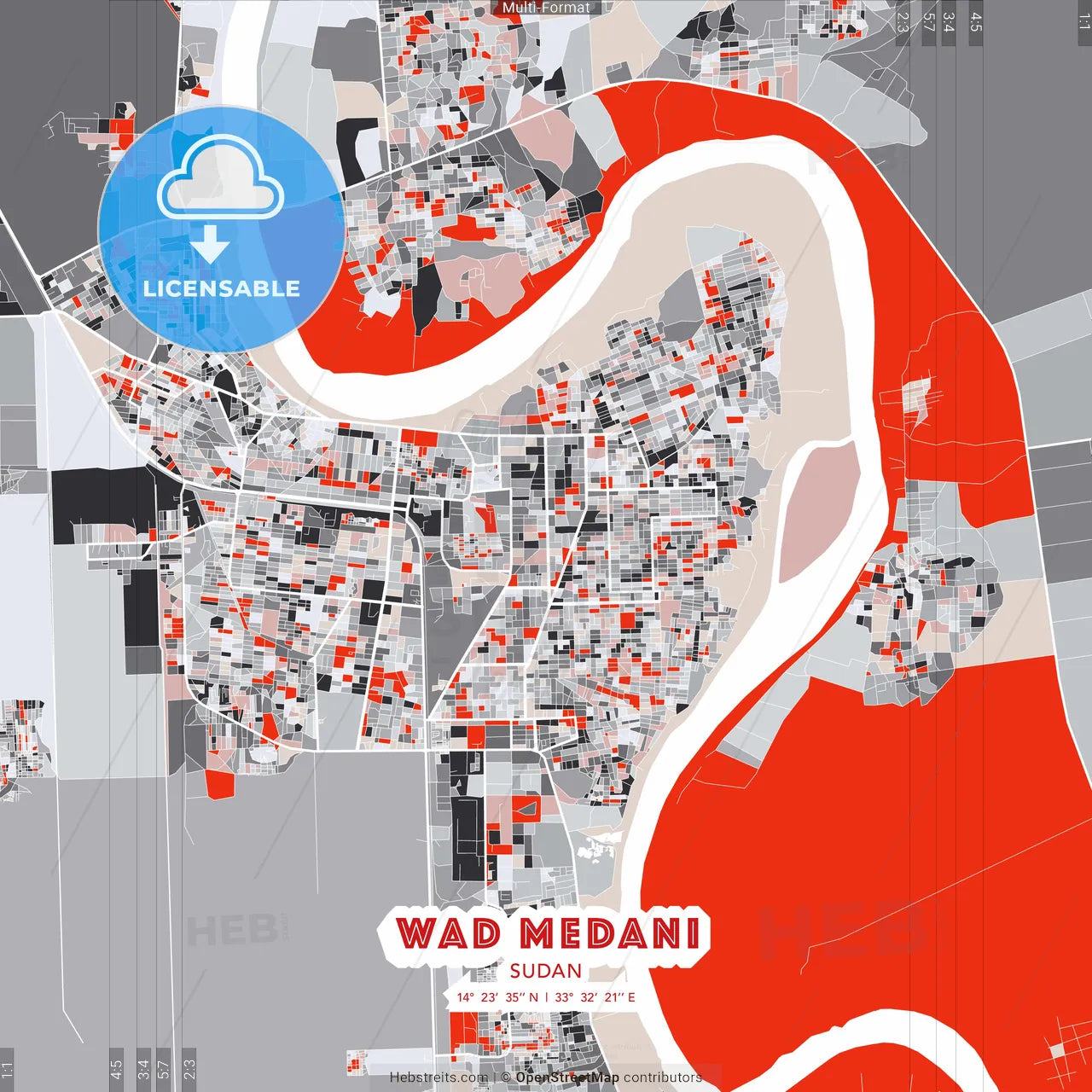 Wad Medani, Sudan - modern street map poster template with gray and red tones