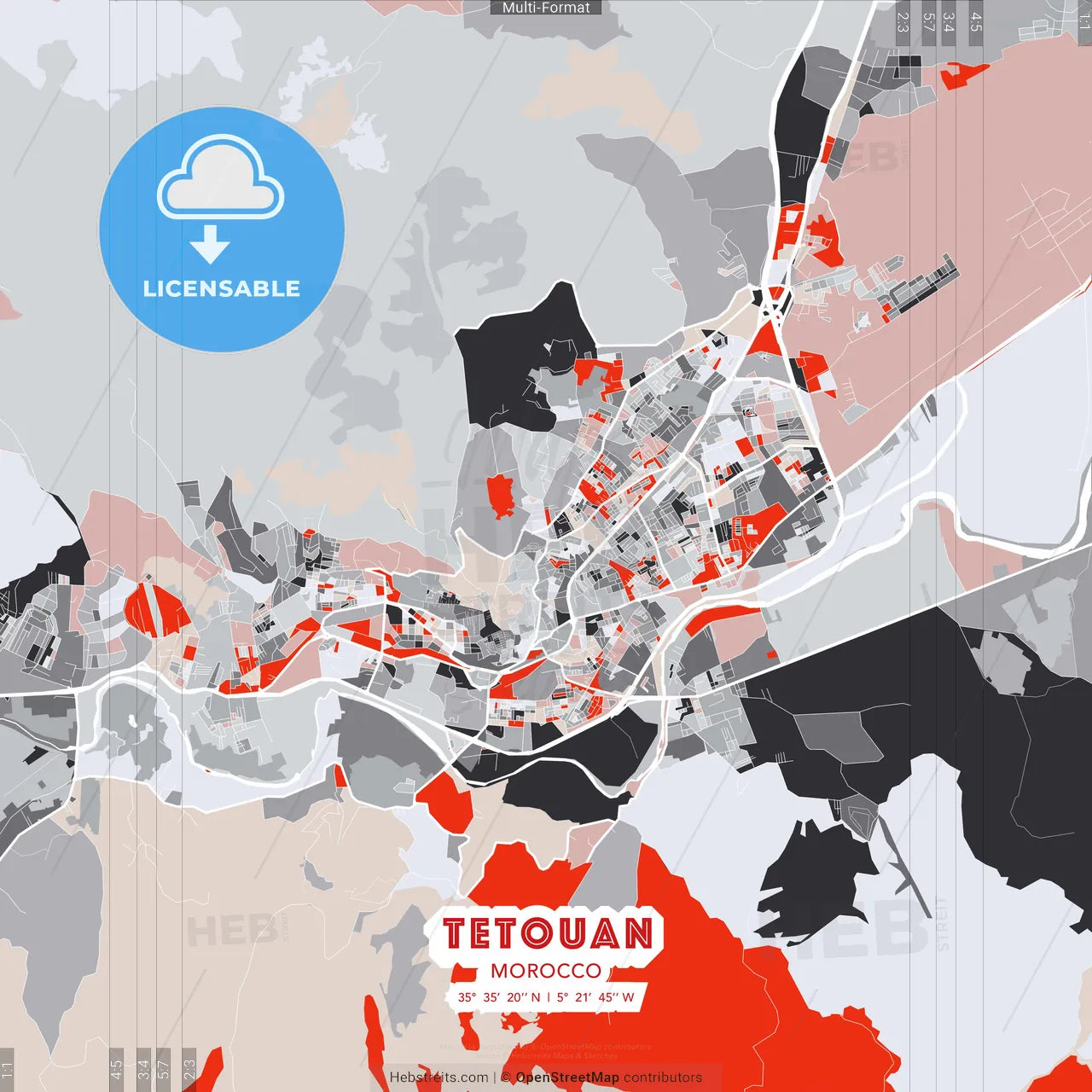 Tetouan, Morocco - modern street map poster template with gray and red tones