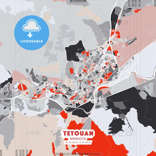Tetouan, Morocco - modern street map poster template with gray and red tones