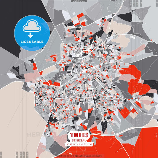 Thies, Senegal - modern street map poster template with gray and red tones
