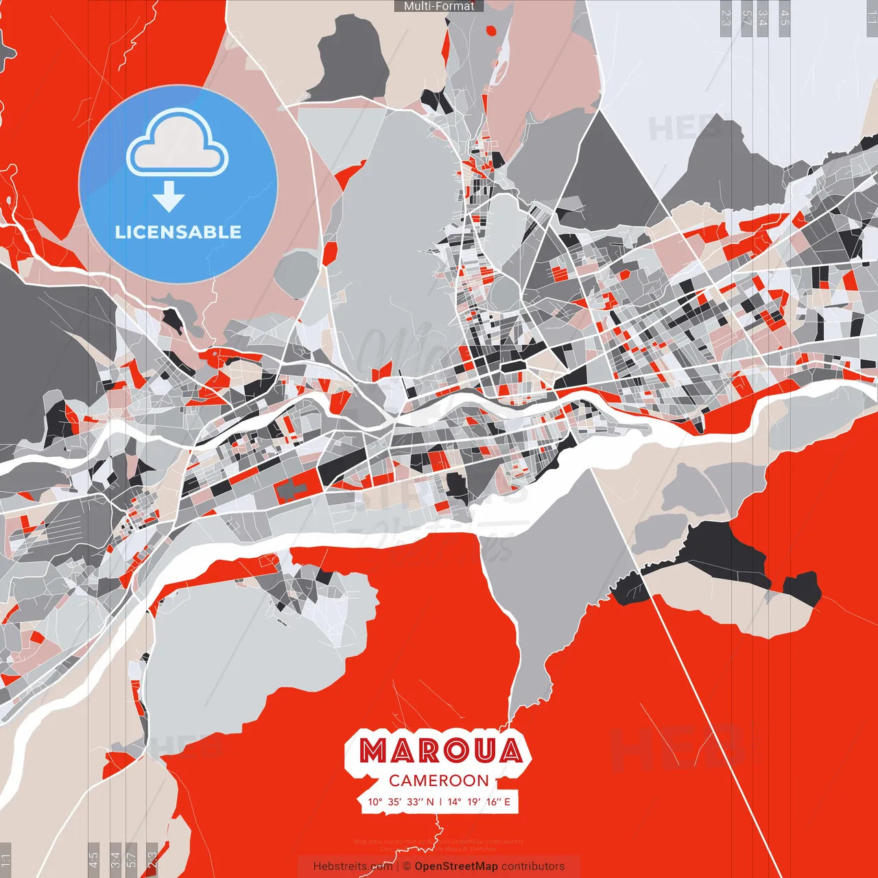 Maroua, Cameroon - modern street map poster template with gray and red tones