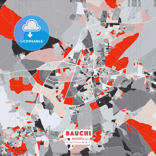 Bauchi, Nigeria - modern street map poster template with gray and red tones