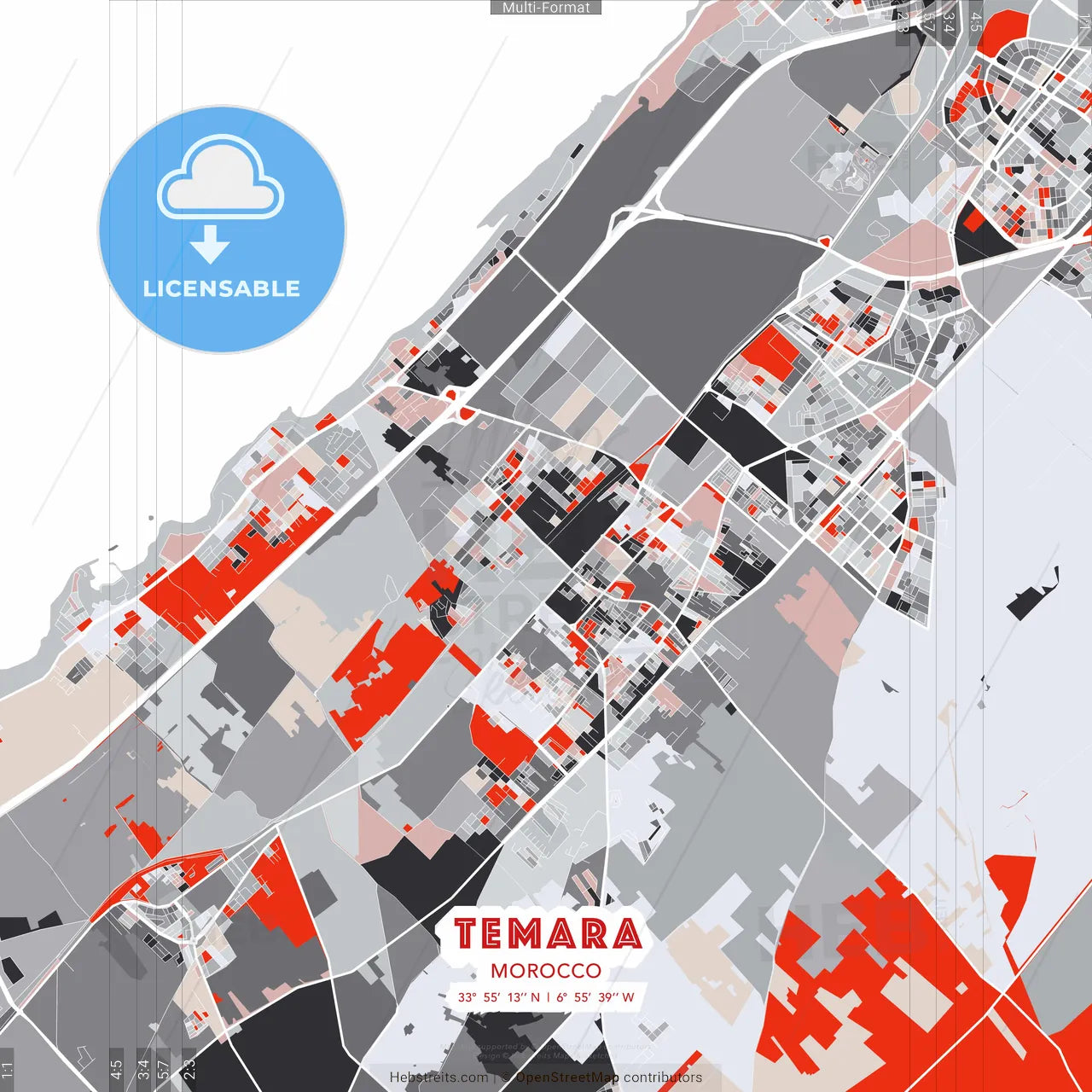Temara, Morocco - modern street map poster template with gray and red tones