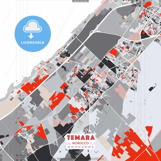 Temara, Morocco - modern street map poster template with gray and red tones