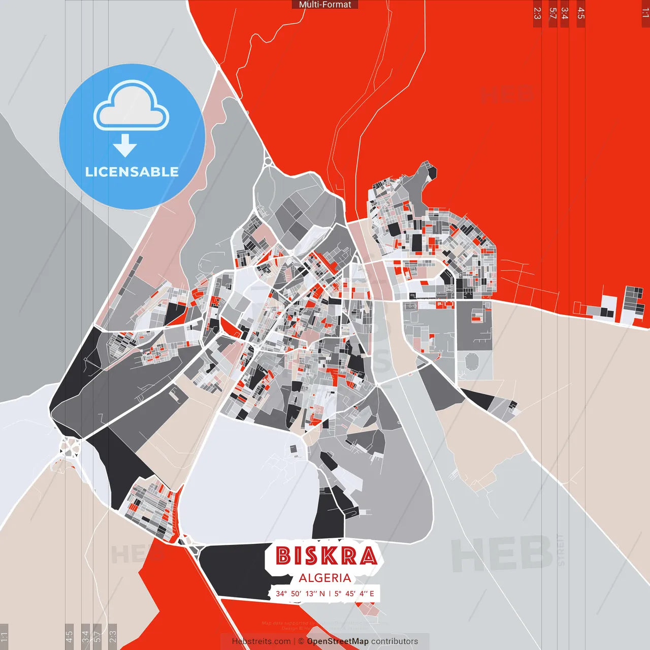 Biskra, Algeria - modern street map poster template with gray and red tones