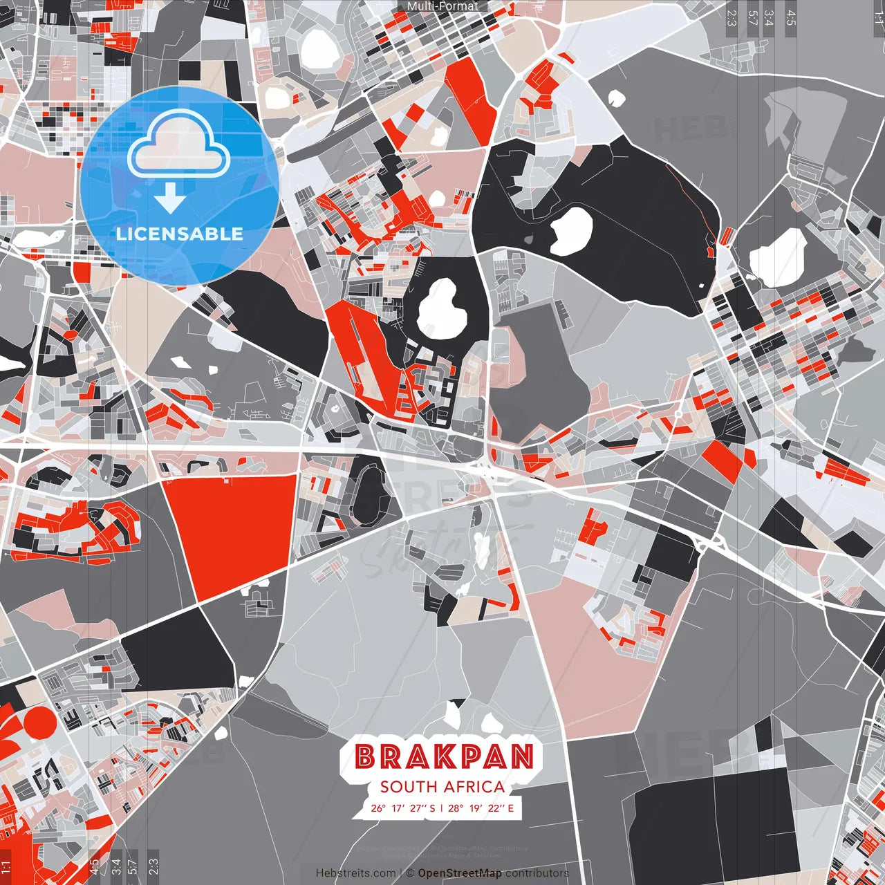 Brakpan, South Africa - modern street map poster template with gray and red tones