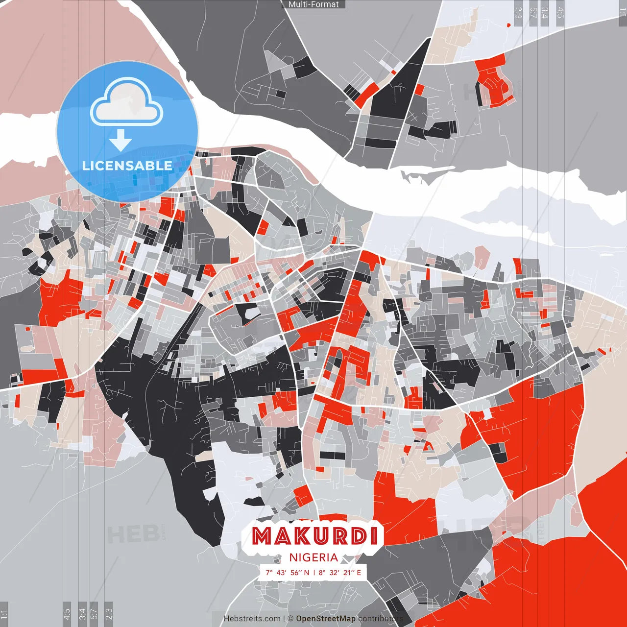 Makurdi, Nigeria - modern street map poster template with gray and red tones
