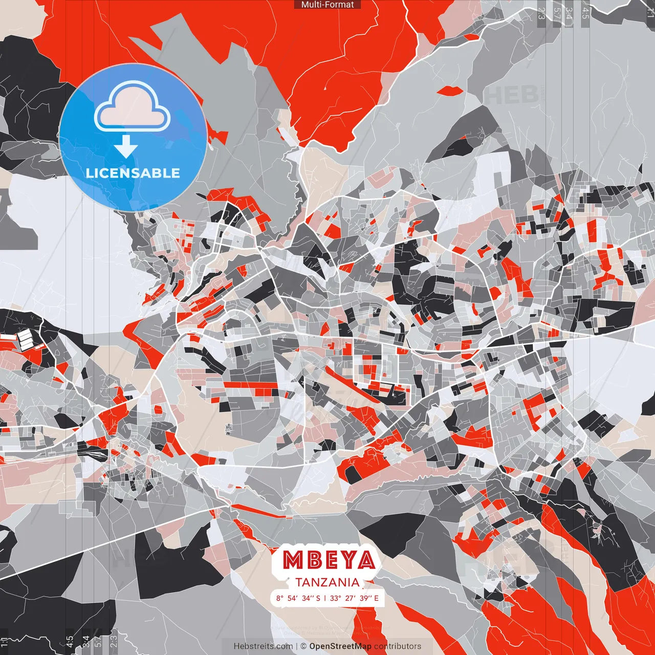 Mbeya, Tanzania - modern street map poster template with gray and red tones