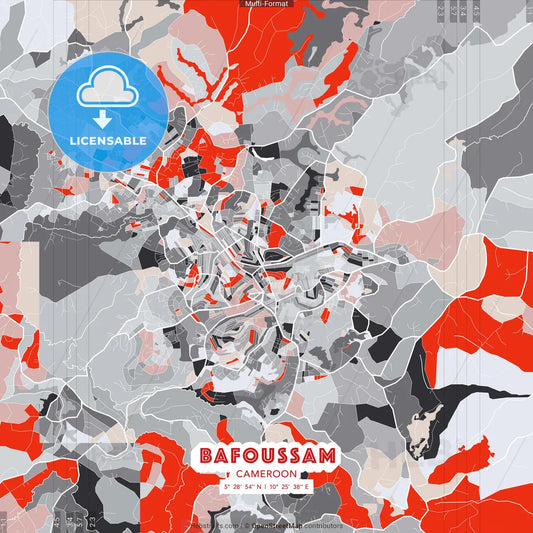 Bafoussam, Cameroon - modern street map poster template with gray and red tones