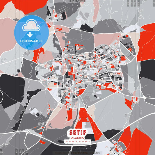 Setif, Algeria - modern street map poster template with gray and red tones