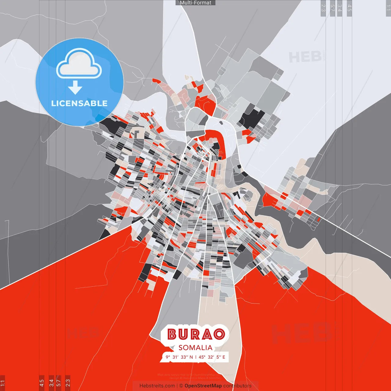Burao, Somalia - modern street map poster template with gray and red tones