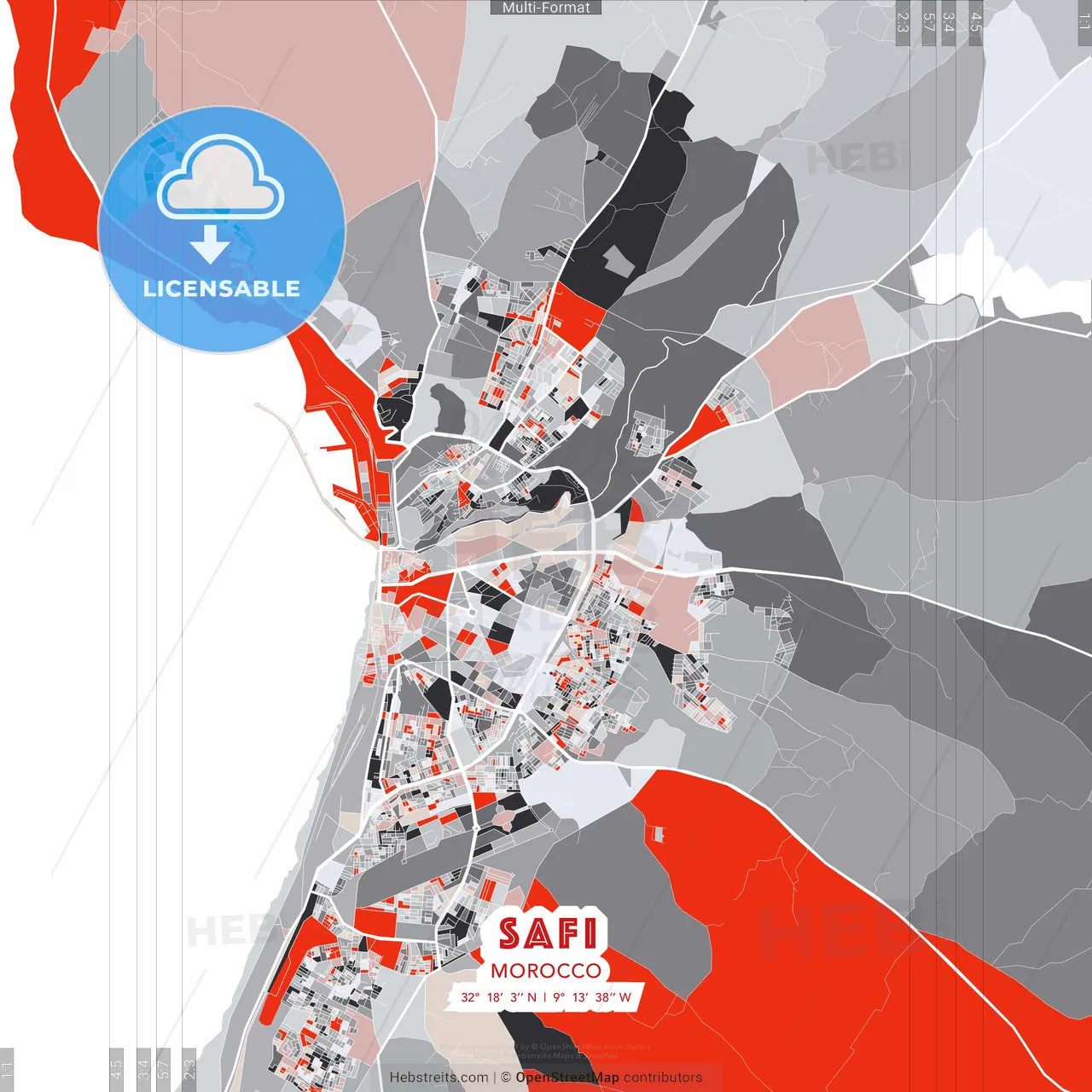 Safi, Morocco - modern street map poster template with gray and red tones