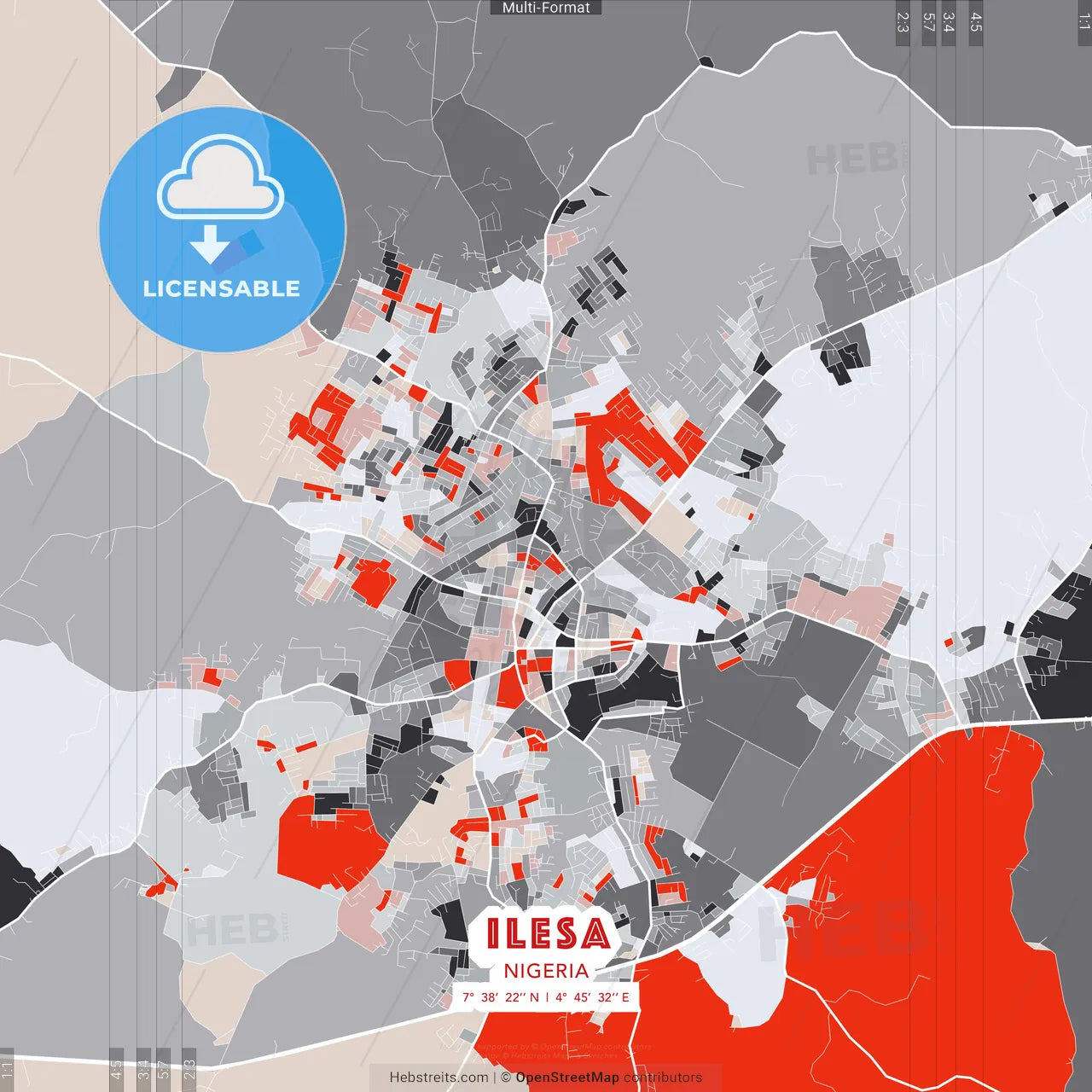 Ilesa, Nigeria - modern street map poster template with gray and red tones