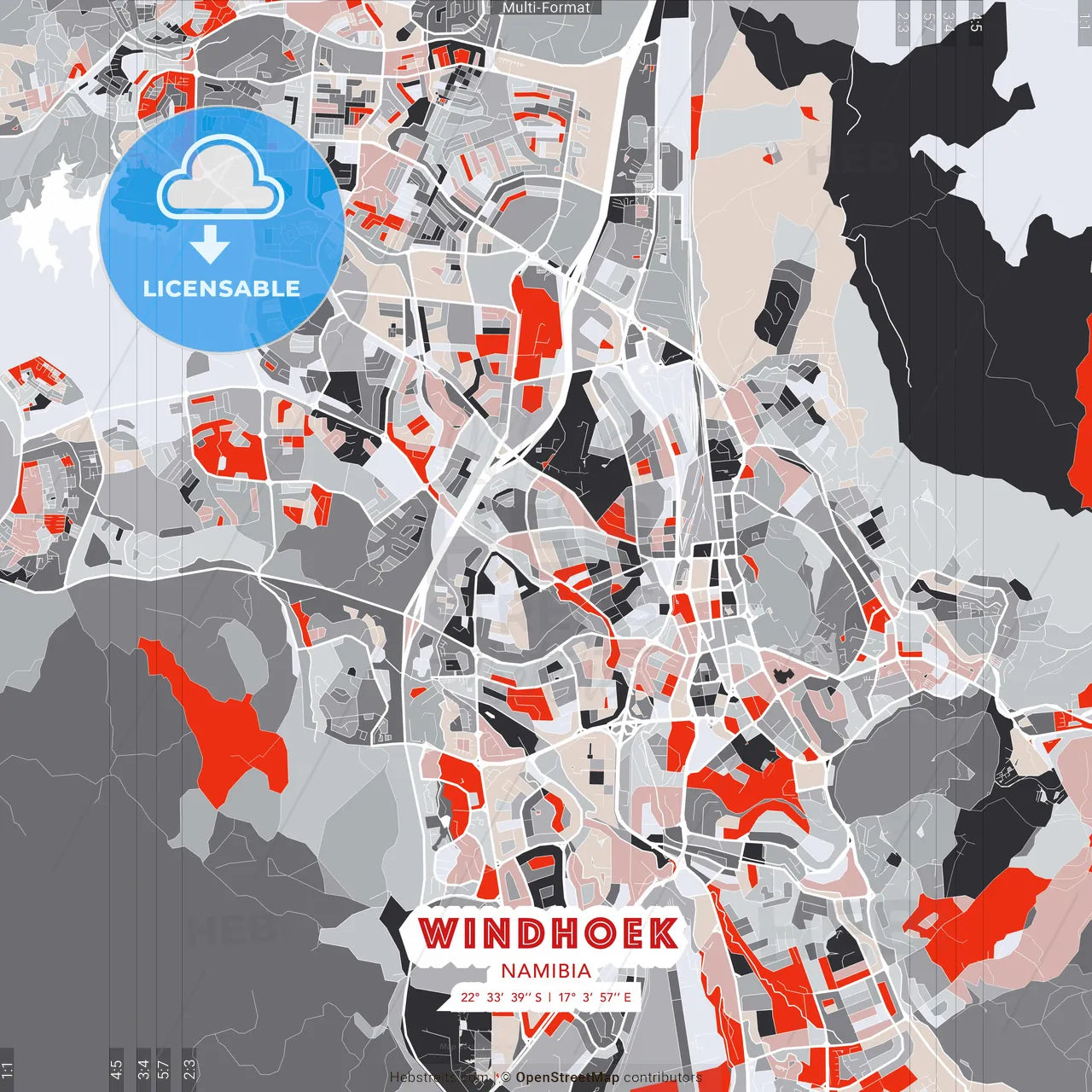 Windhoek, Namibia - modern street map poster template with gray and red tones