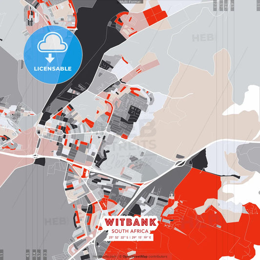 Witbank, South Africa - modern street map poster template with gray and red tones