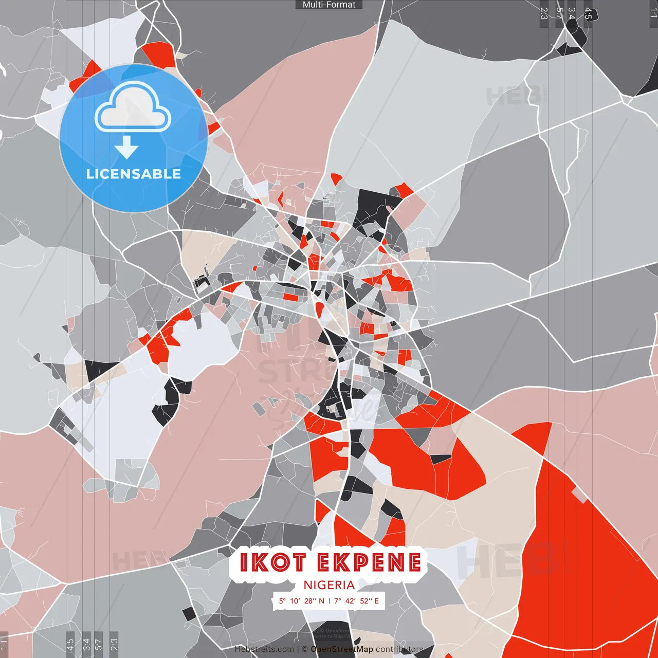 Ikot Ekpene, Nigeria - modern street map poster template with gray and red tones