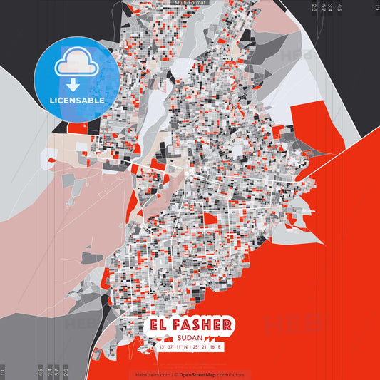 El Fasher, Sudan - modern street map poster template with gray and red tones