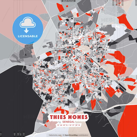 Thies Nones, Senegal - modern street map poster template with gray and red tones