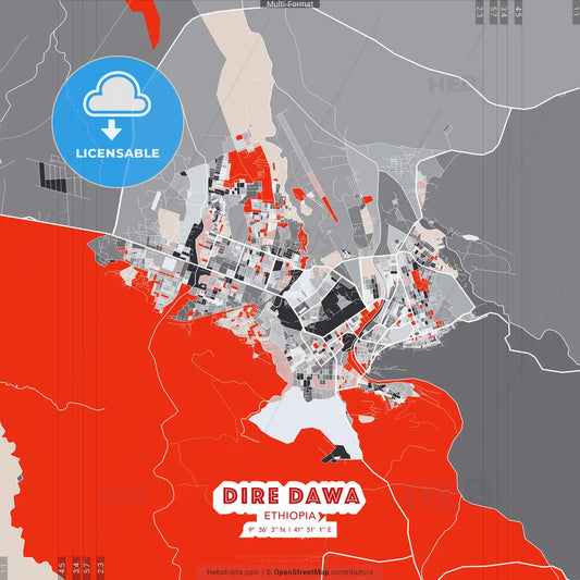 Dire Dawa, Ethiopia - modern street map poster template with gray and red tones