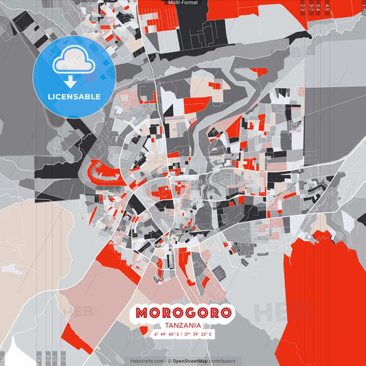 Morogoro, Tanzania - modern street map poster template with gray and red tones