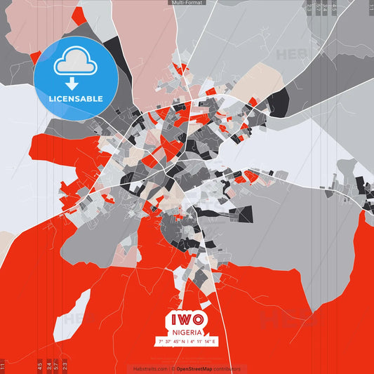 Iwo, Nigeria - modern street map poster template with gray and red tones