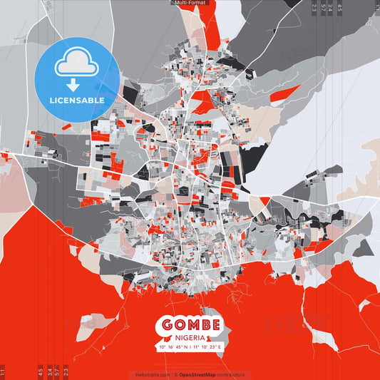 Gombe, Nigeria - modern street map poster template with gray and red tones