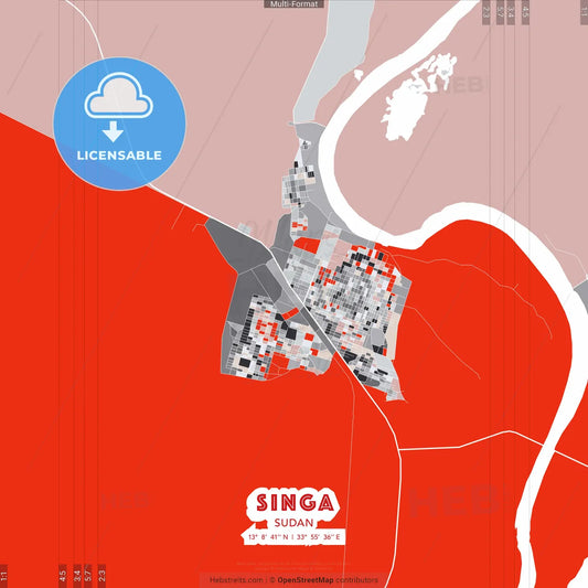 Singa, Sudan - modern street map poster template with gray and red tones