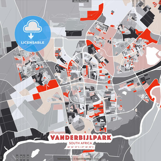 Vanderbijlpark, South Africa - modern street map poster template with gray and red tones