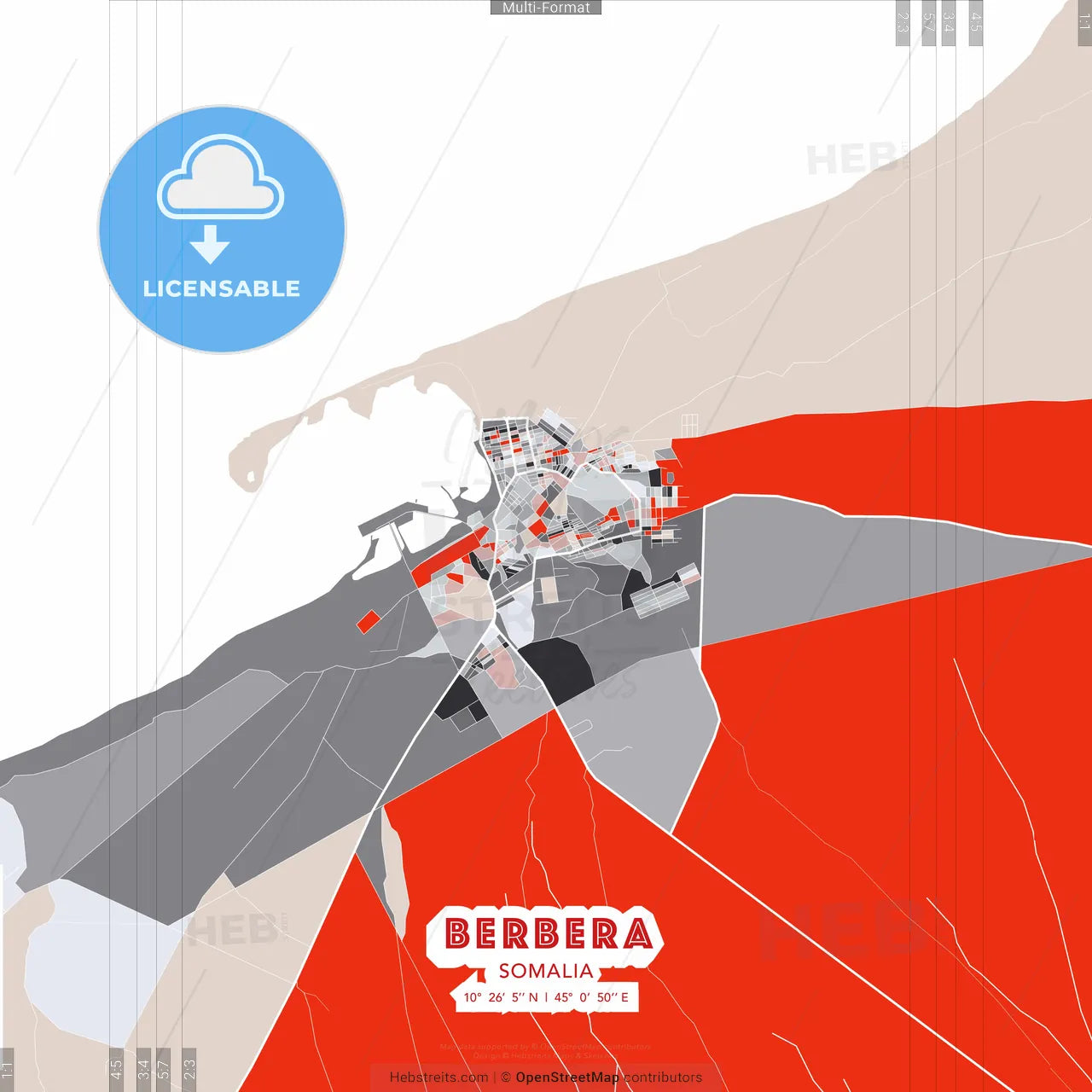 Berbera, Somalia - modern street map poster template with gray and red tones