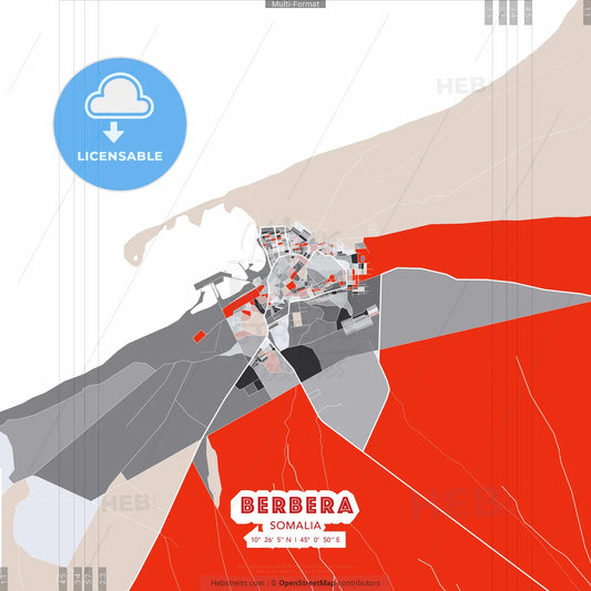 Berbera, Somalia - modern street map poster template with gray and red tones