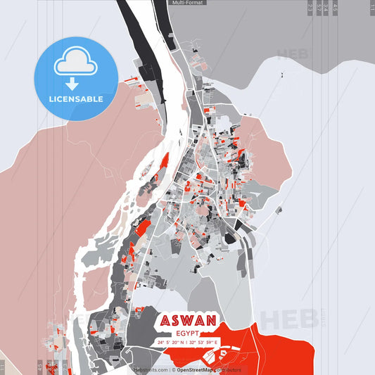 Aswan, Egypt - modern street map poster template with gray and red tones