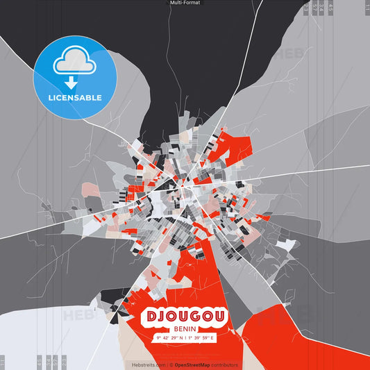 Djougou, Benin - modern street map poster template with gray and red tones