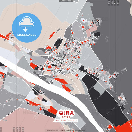 Qina, Egypt - modern street map poster template with gray and red tones