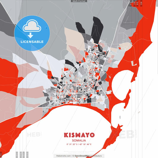 Kismayo, Somalia - modern street map poster template with gray and red tones