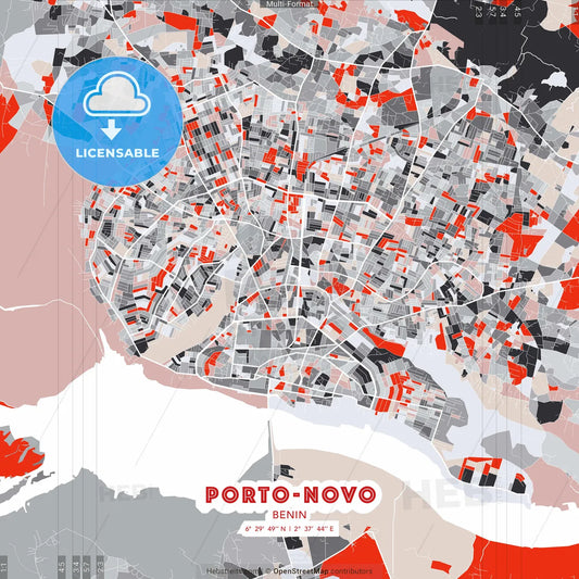 Porto-Novo, Benin - modern street map poster template with gray and red tones