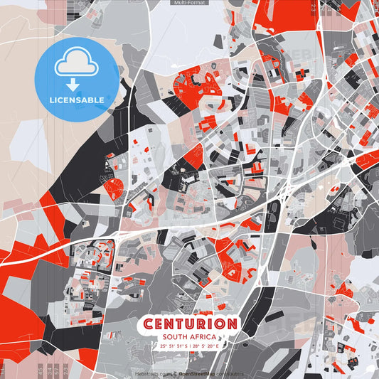Centurion, South Africa - modern street map poster template with gray and red tones