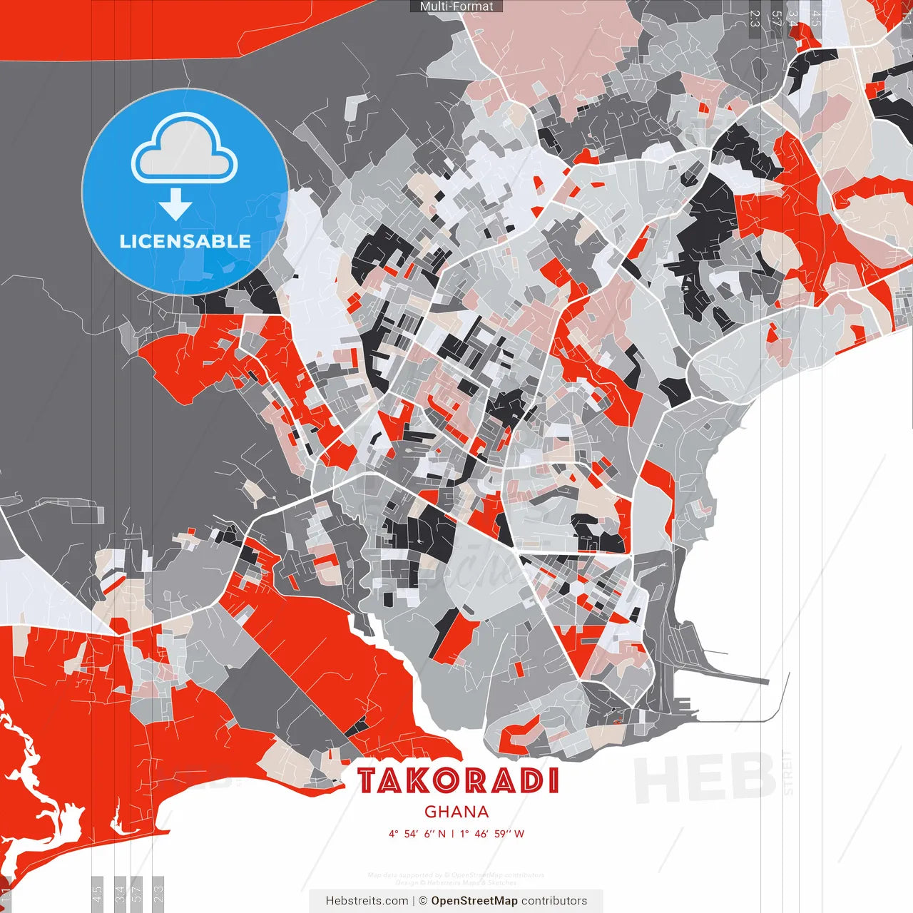 Takoradi, Ghana - modern street map poster template with gray and red tones