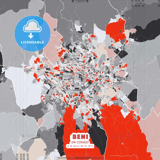 Beni, DR Congo - modern street map poster template with gray and red tones