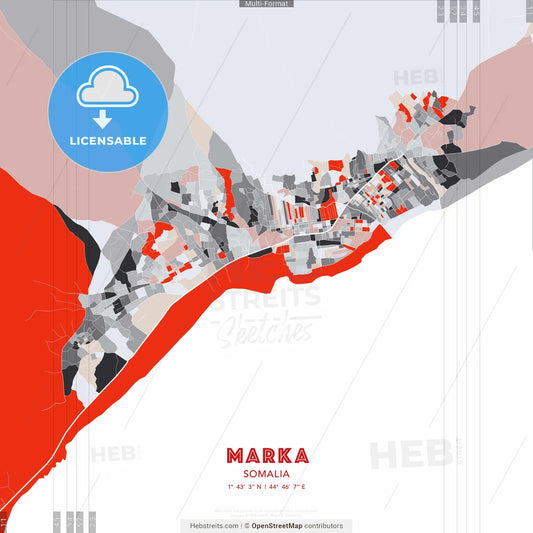 Marka, Somalia - modern street map poster template with gray and red tones