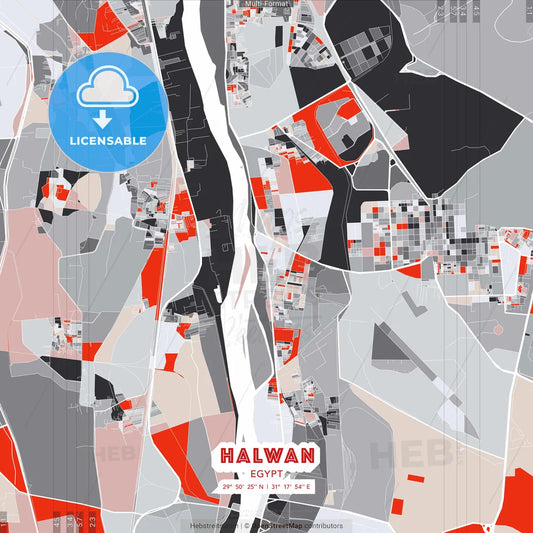 Halwan, Egypt - modern street map poster template with gray and red tones