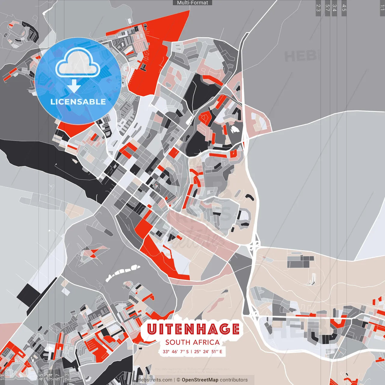 Uitenhage, South Africa - modern street map poster template with gray and red tones
