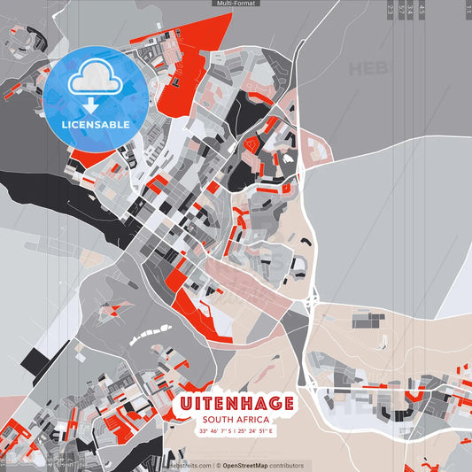 Uitenhage, South Africa - modern street map poster template with gray and red tones